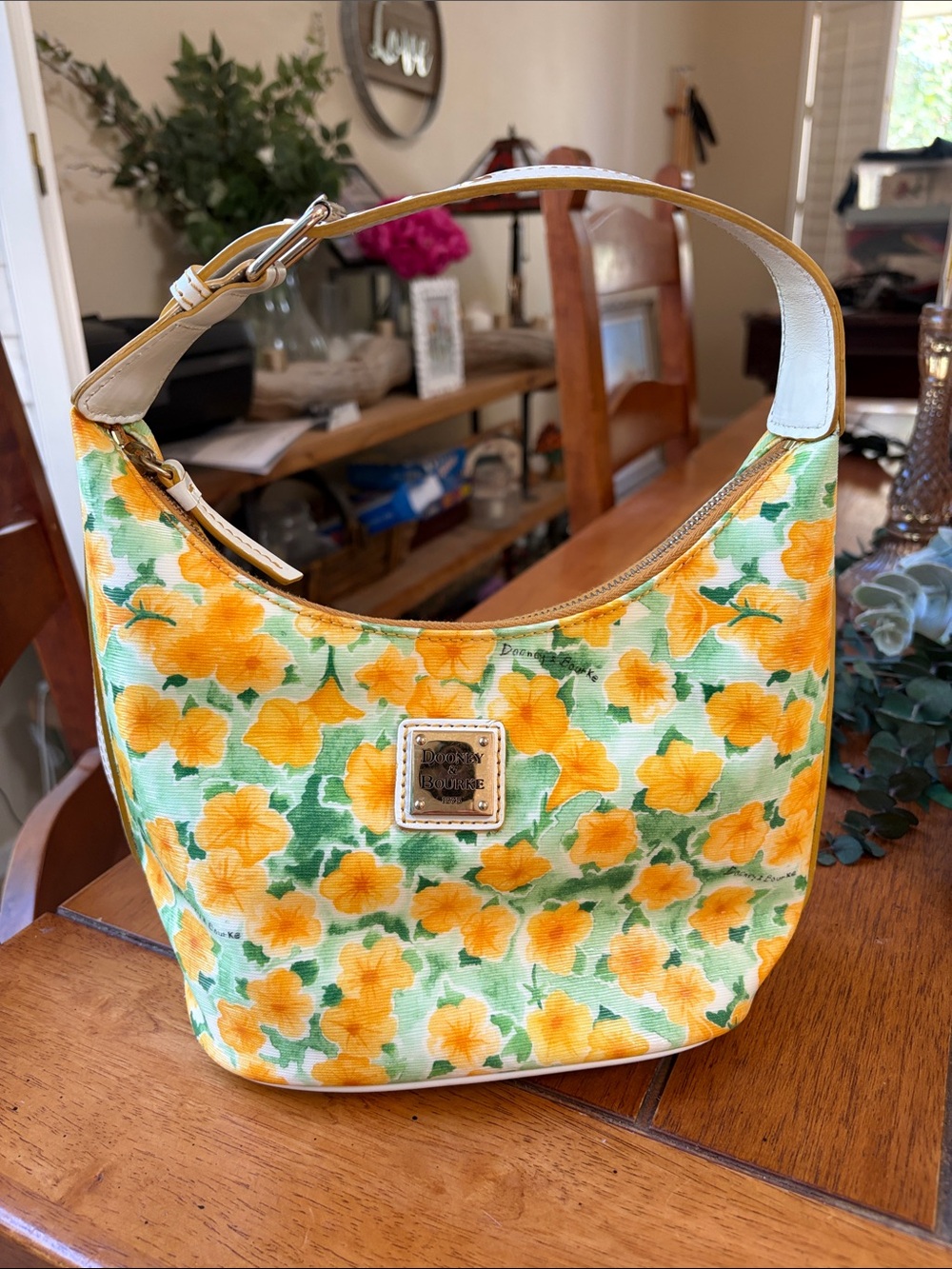 Dooney & Bourke Yellow Floral Canvas Shoulder Bag with Cream Strap